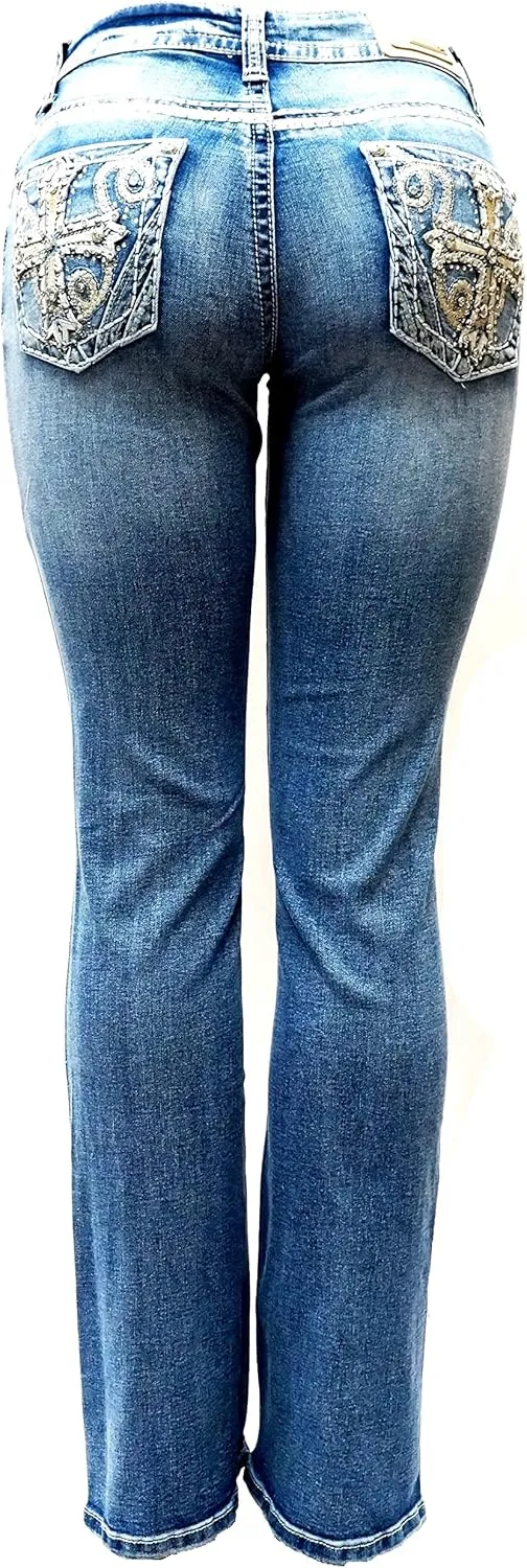 Women's Ripped Bootcut Jeans Mid Rise Flare Bottoms Vintage Distress with Rhinestone Pockets S96-PB