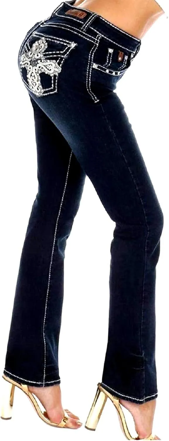 Women's Ripped Bootcut Jeans Mid Rise Flare Bottoms Vintage Distress with Rhinestone Pockets S96-PB