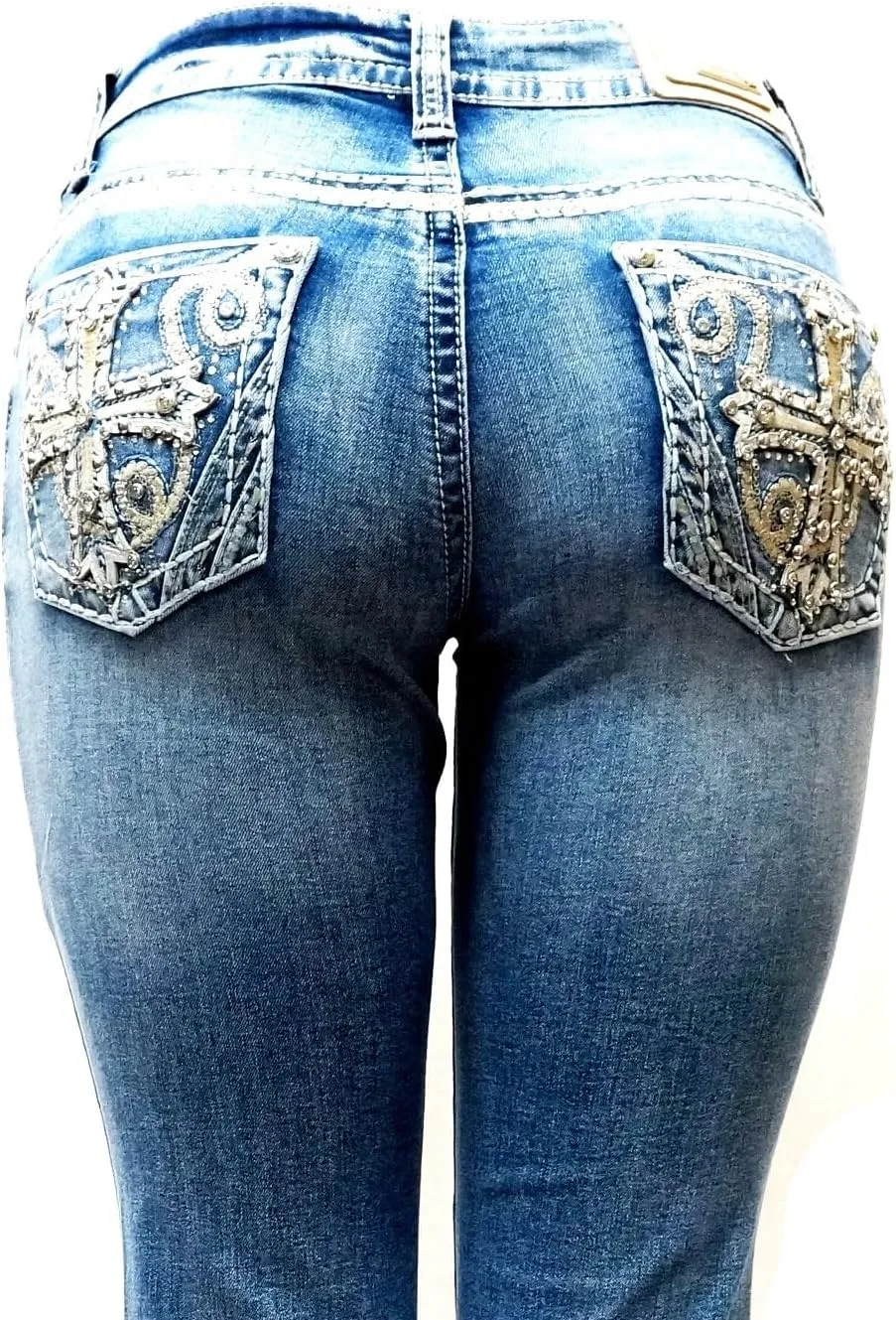 Women's Ripped Bootcut Jeans Mid Rise Flare Bottoms Vintage Distress with Rhinestone Pockets S96-PB