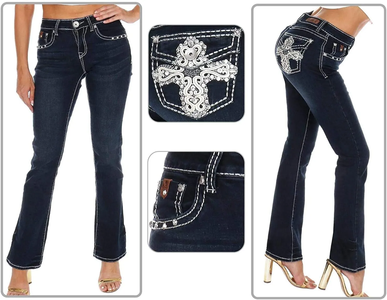 Women's Ripped Bootcut Jeans Mid Rise Flare Bottoms Vintage Distress with Rhinestone Pockets S96-PB