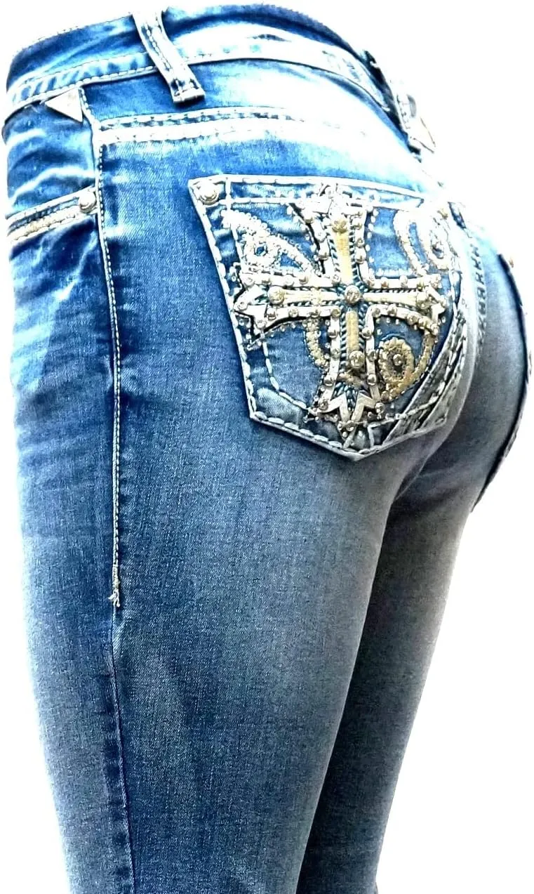 Women's Ripped Bootcut Jeans Mid Rise Flare Bottoms Vintage Distress with Rhinestone Pockets S96-PB