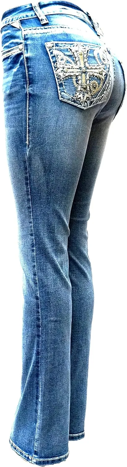 Women's Ripped Bootcut Jeans Mid Rise Flare Bottoms Vintage Distress with Rhinestone Pockets S96-PB
