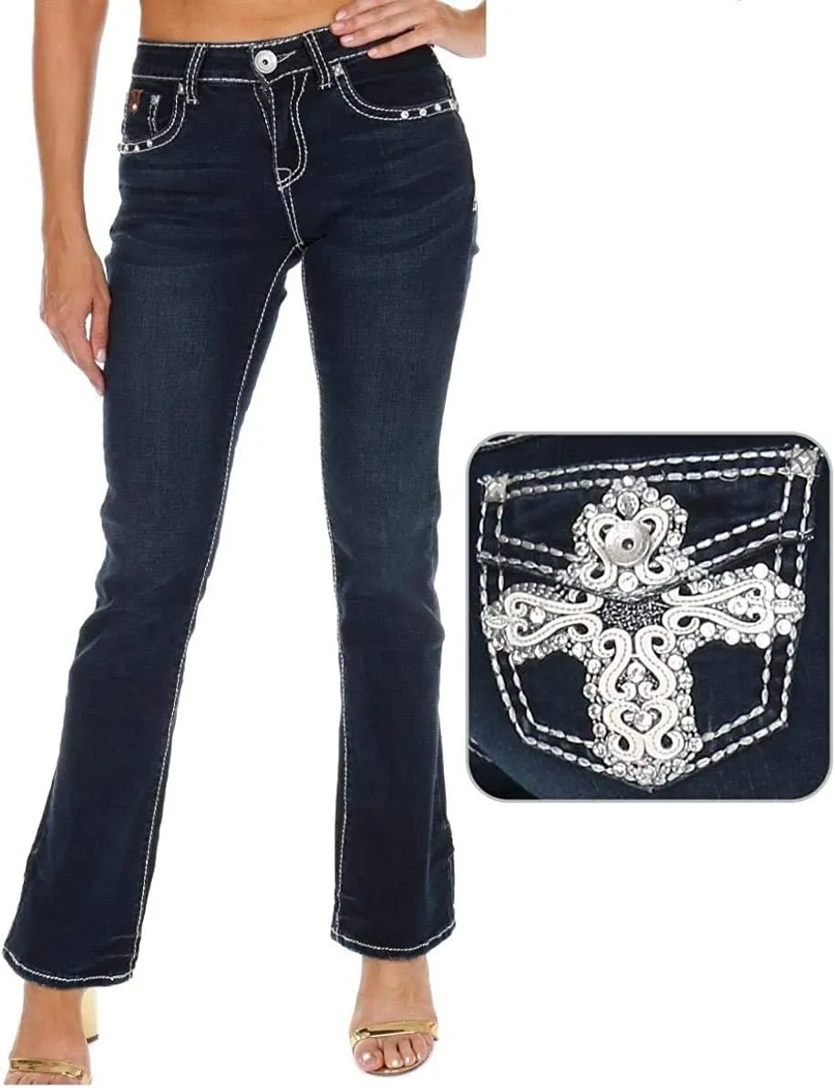 Women's Ripped Bootcut Jeans Mid Rise Flare Bottoms Vintage Distress with Rhinestone Pockets S96-PB