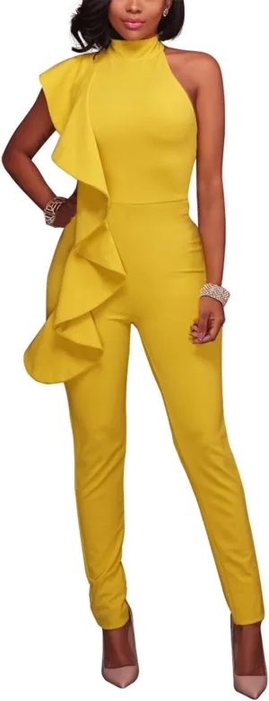 Women's Sexy Thin Ruffle Strapless High Waist Clubwear Long Wide Leg Pants Jumpsuit Rompers