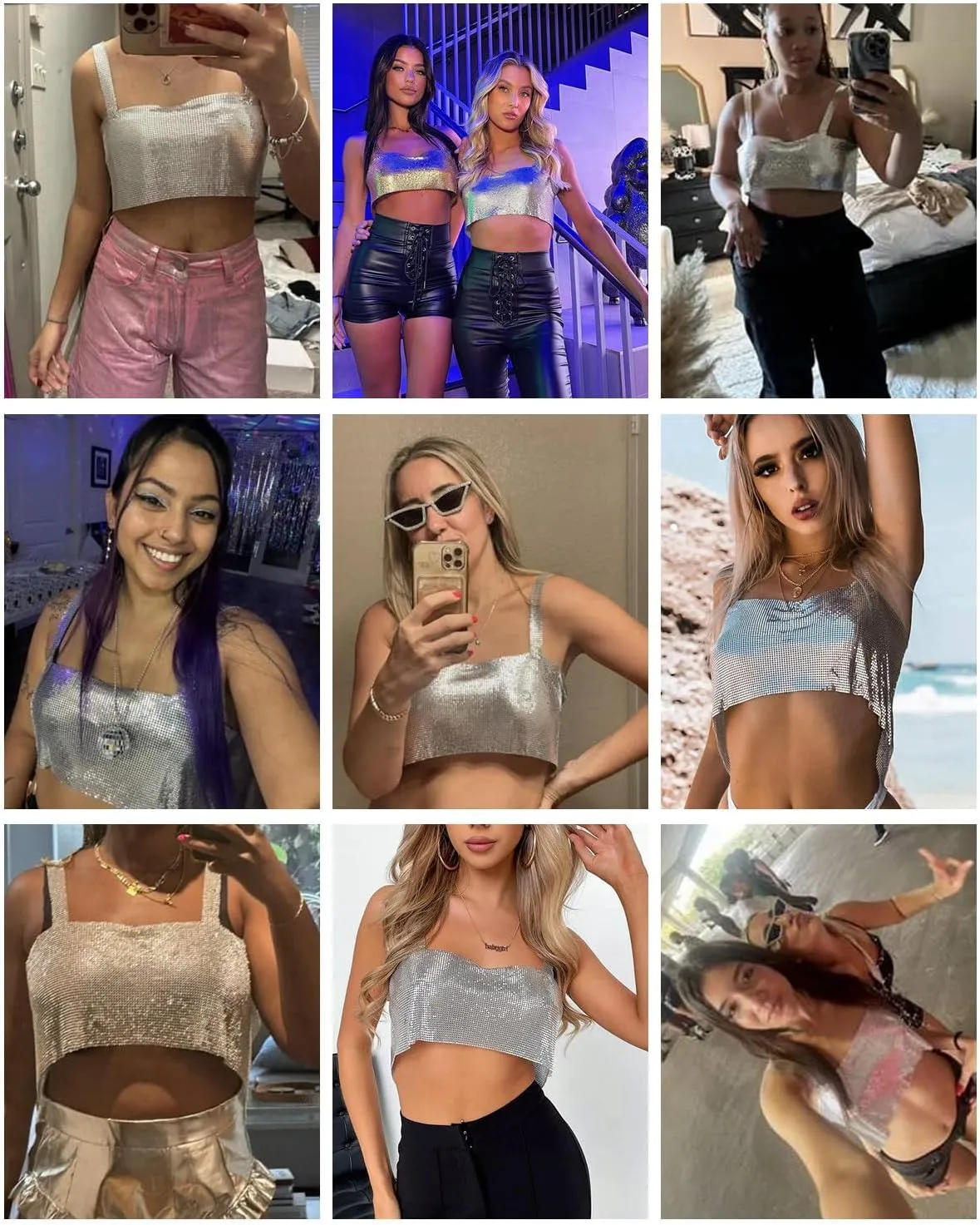 Women's Sparkly Rhinestone Top Sexy Metallic Sleeveless Trendy Spaghetti Strap Tube Vest Rave Party Clubwear