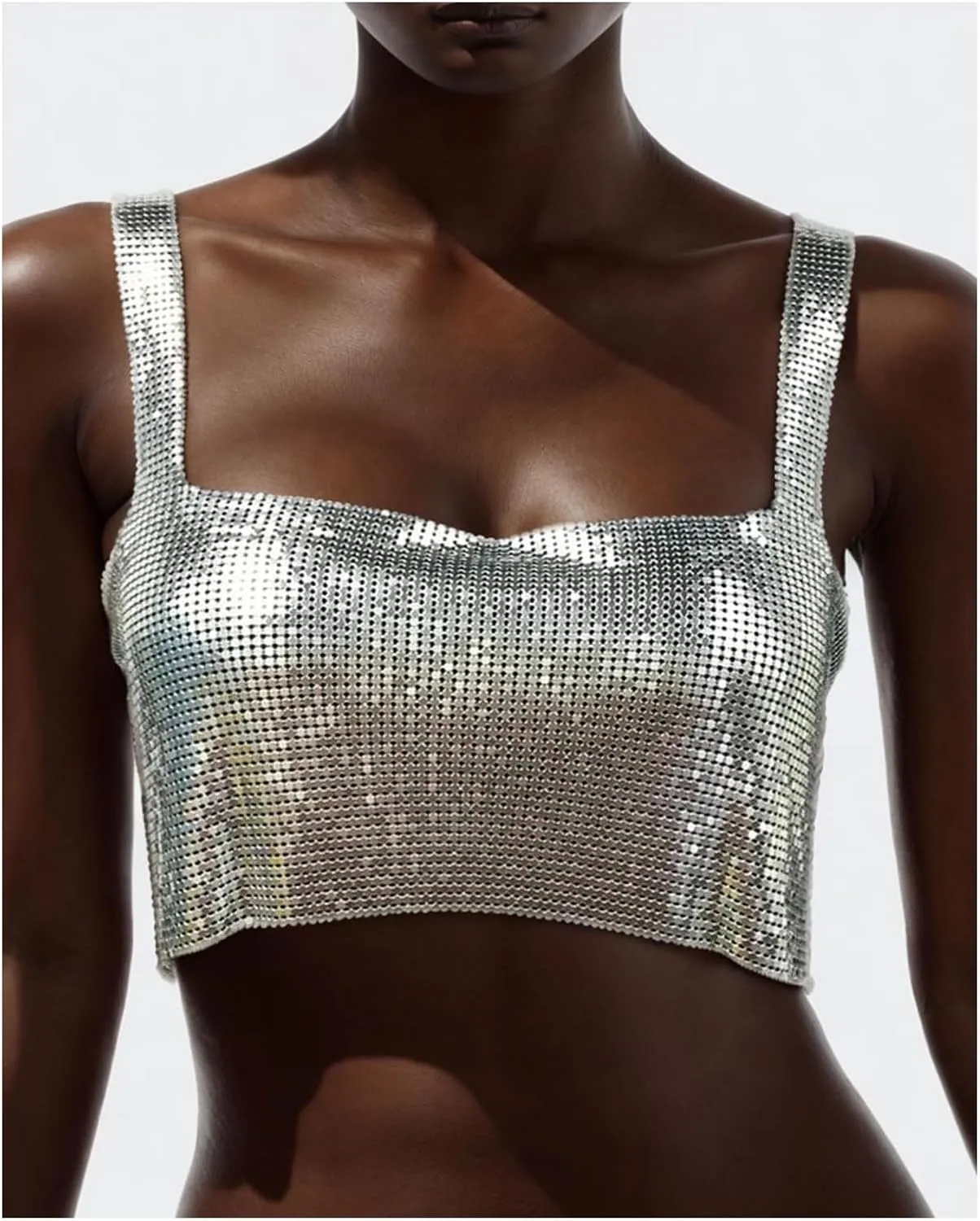 Women's Sparkly Rhinestone Top Sexy Metallic Sleeveless Trendy Spaghetti Strap Tube Vest Rave Party Clubwear
