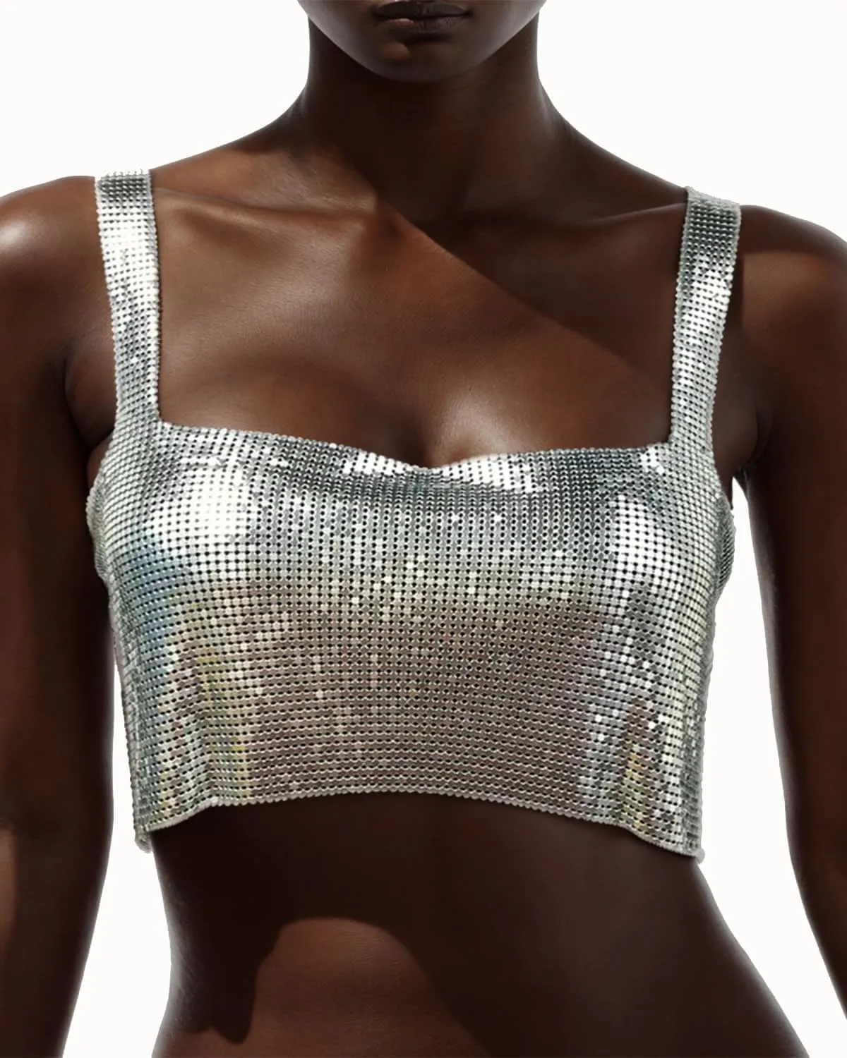 Women's Sparkly Rhinestone Top Sexy Metallic Sleeveless Trendy Spaghetti Strap Tube Vest Rave Party Clubwear