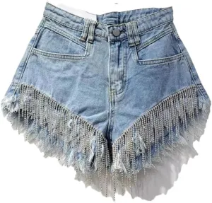Women's Summer Denim Shorts Rhinestone Design High Waist Slim A-Line Hot Pants