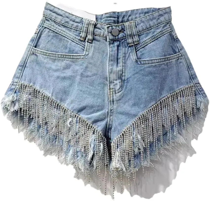 Women's Summer Denim Shorts Rhinestone Design High Waist Slim A-Line Hot Pants