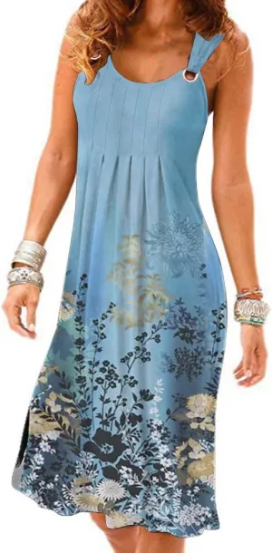 Womens Summer Dresses Pleated Front Flowy Swing Sundresses Vacation Beach Casual Tank Dress with Pockets