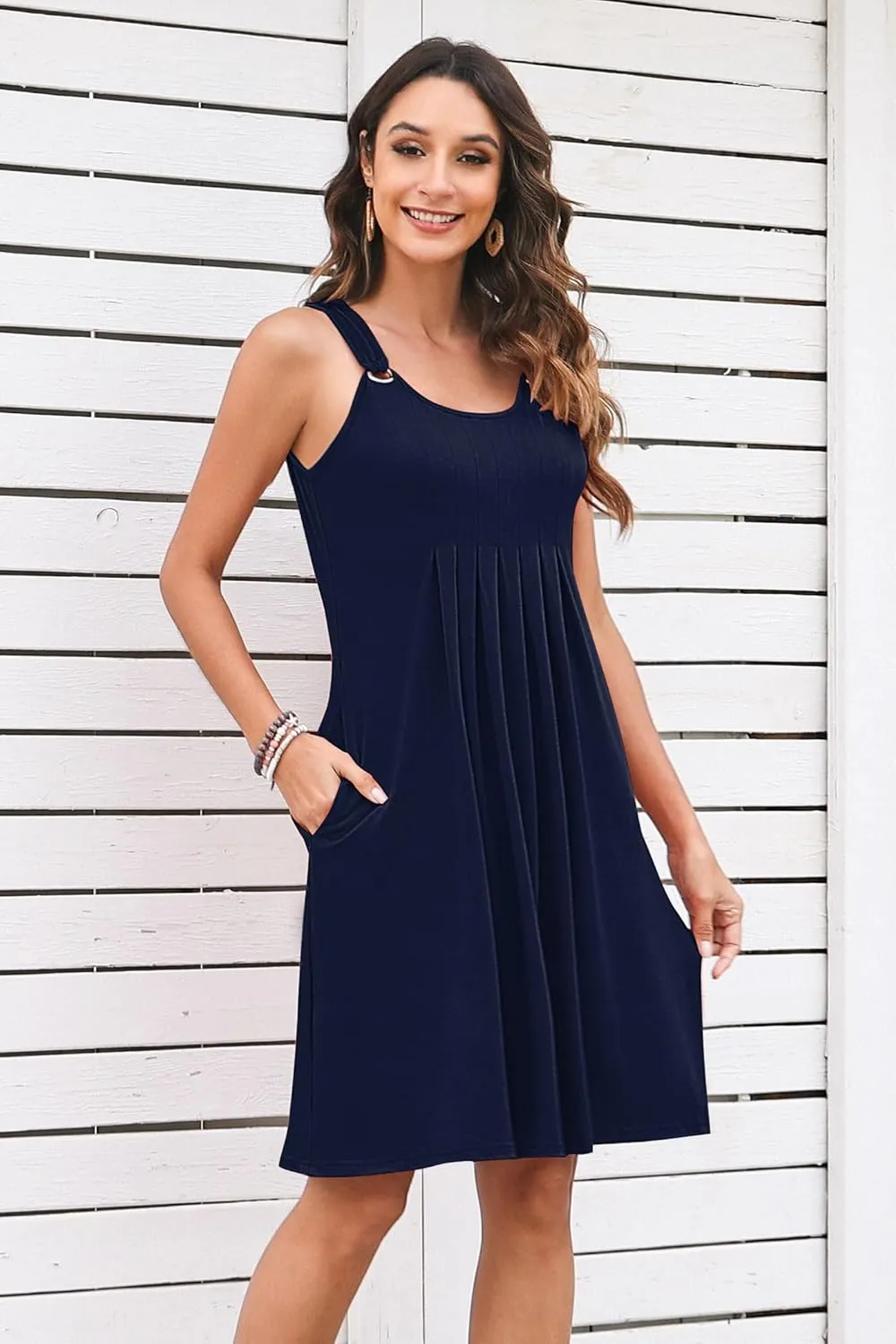 Womens Summer Dresses Pleated Front Flowy Swing Sundresses Vacation Beach Casual Tank Dress with Pockets