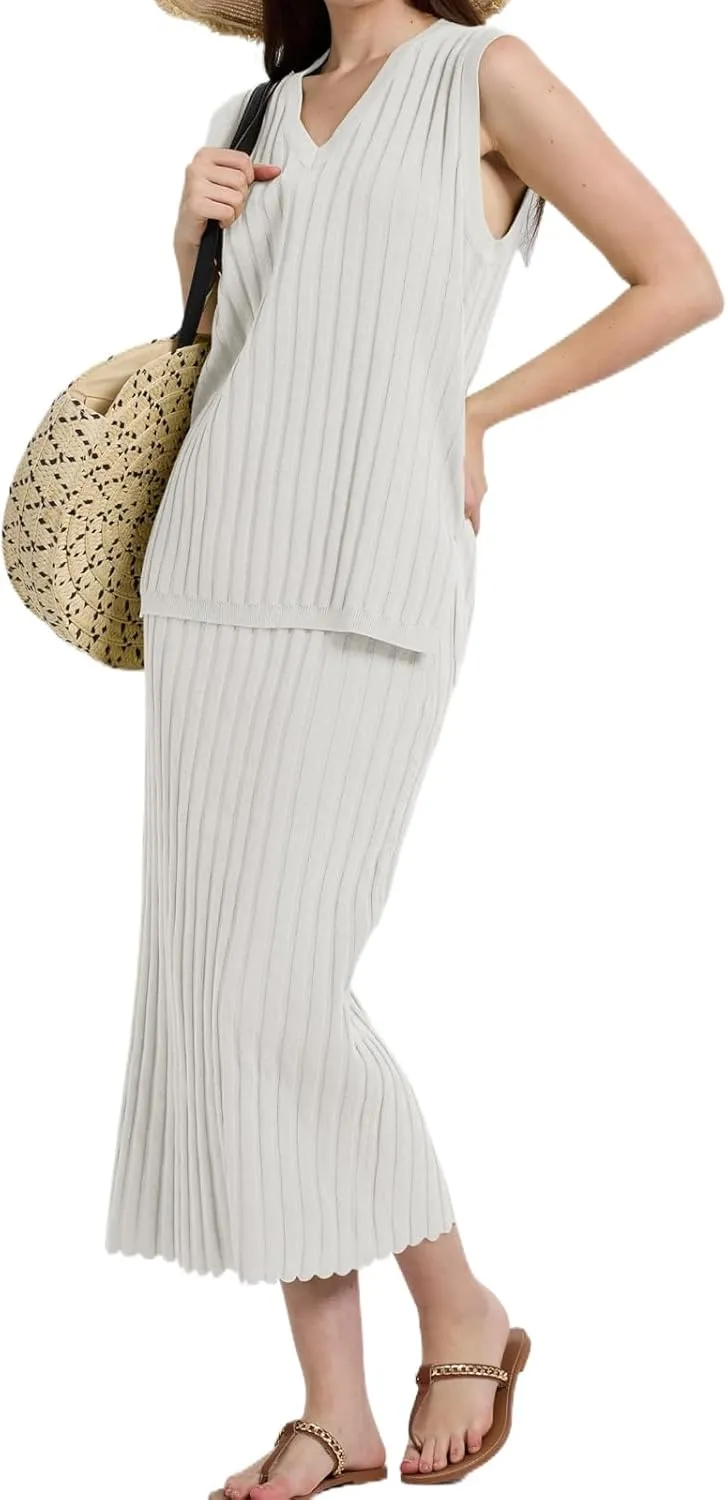 Womens Two Piece Sweater Skirt Sets Summer Outfits Knit Sets Sleeveless V Neck Knit Ribbed Vest Tops Midi Skirt
