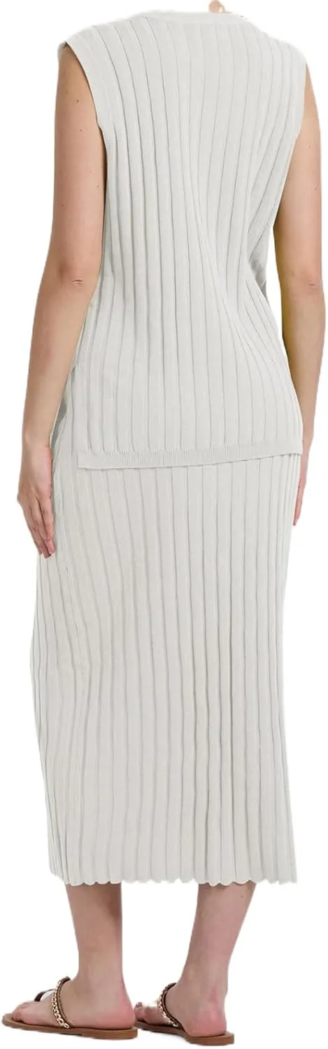 Womens Two Piece Sweater Skirt Sets Summer Outfits Knit Sets Sleeveless V Neck Knit Ribbed Vest Tops Midi Skirt
