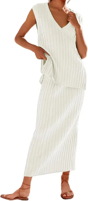 Womens Two Piece Sweater Skirt Sets Summer Outfits Knit Sets Sleeveless V Neck Knit Ribbed Vest Tops Midi Skirt