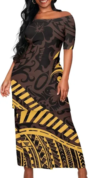 Women's Two Pieces Outfits Polynesian Puletasi Samoan Off Shoulder Crop Top and Maxi Skirt Set
