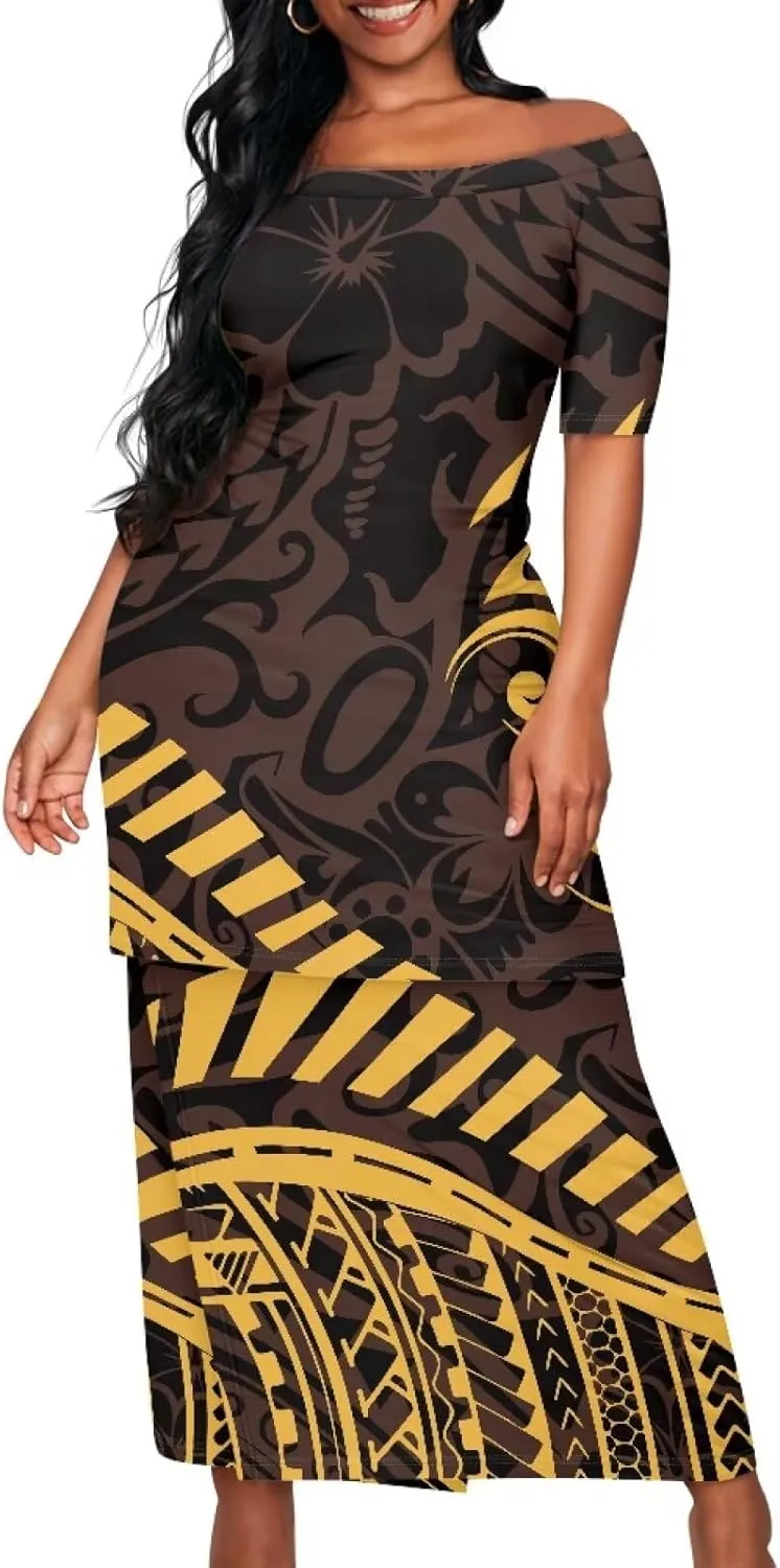 Women's Two Pieces Outfits Polynesian Puletasi Samoan Off Shoulder Crop Top and Maxi Skirt Set