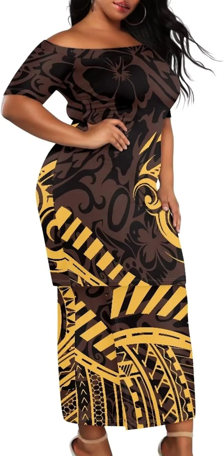 Women's Two Pieces Outfits Polynesian Puletasi Samoan Off Shoulder Crop Top and Maxi Skirt Set