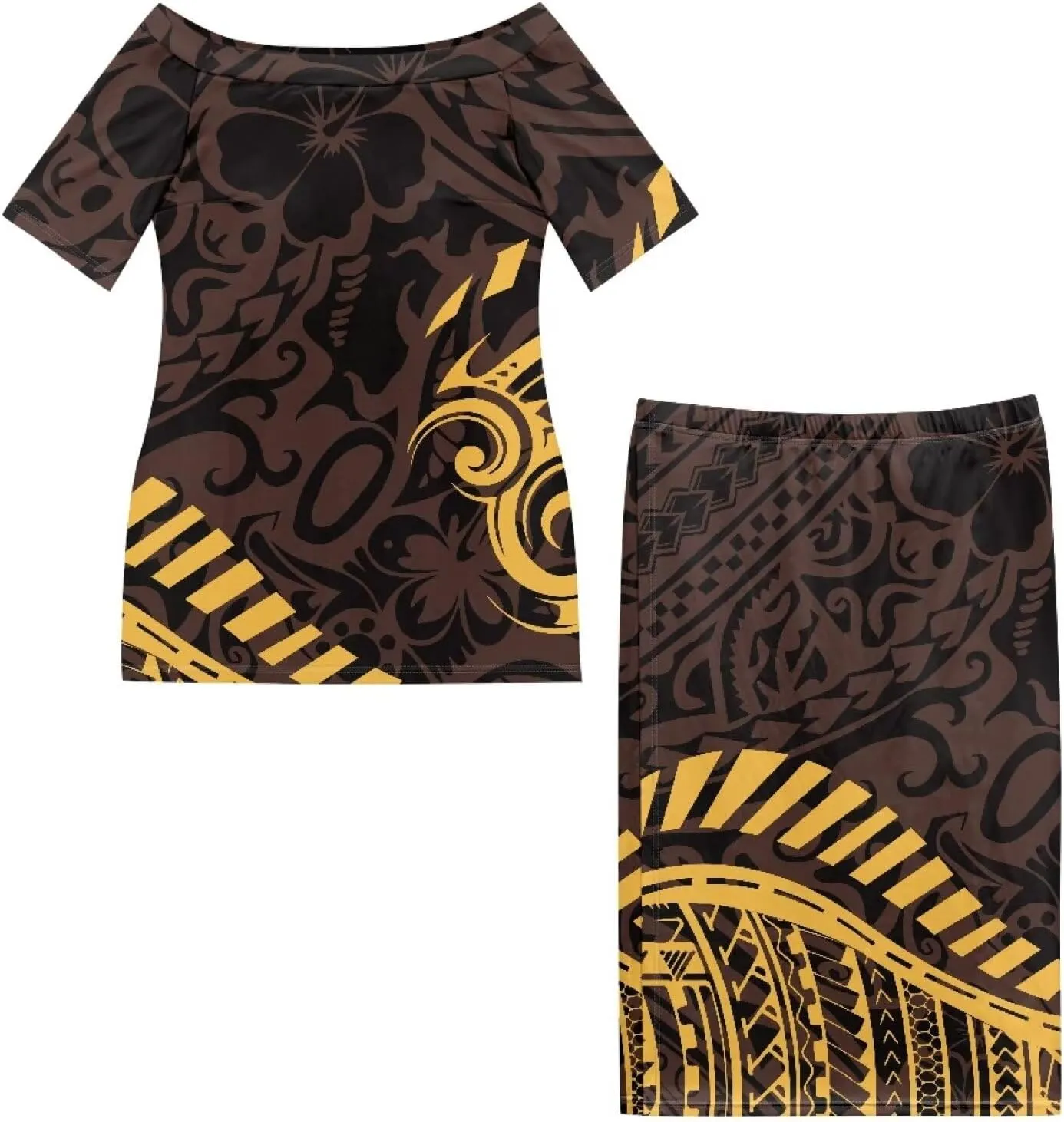Women's Two Pieces Outfits Polynesian Puletasi Samoan Off Shoulder Crop Top and Maxi Skirt Set