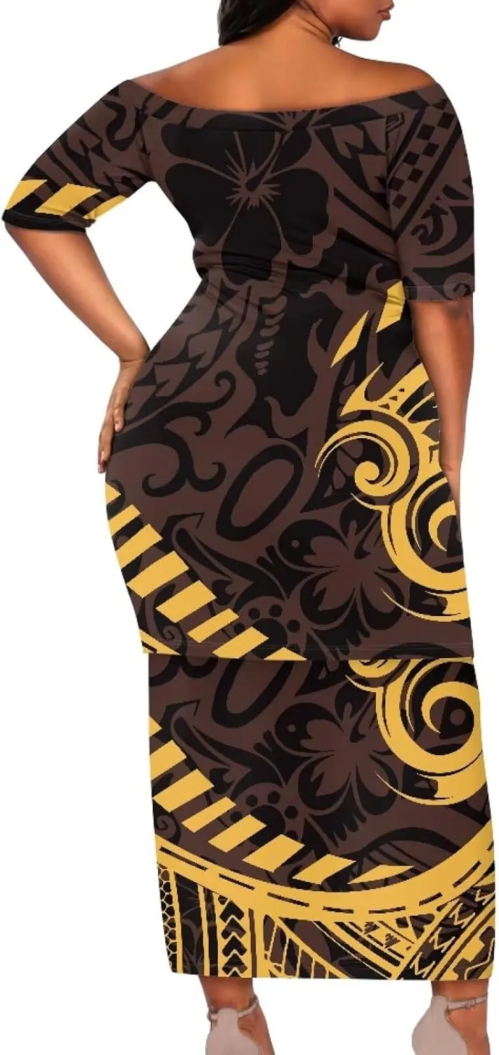 Women's Two Pieces Outfits Polynesian Puletasi Samoan Off Shoulder Crop Top and Maxi Skirt Set