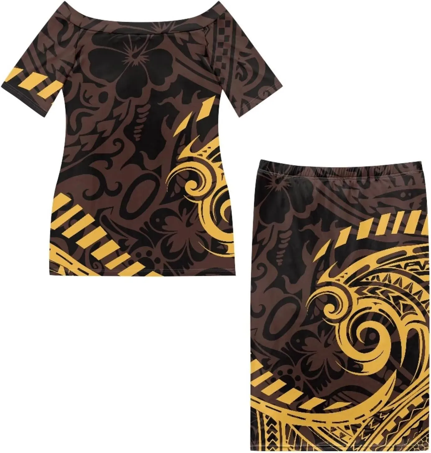 Women's Two Pieces Outfits Polynesian Puletasi Samoan Off Shoulder Crop Top and Maxi Skirt Set