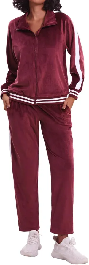Women's Velour Tracksuit Zip-Up Jacket and Jogger Pants with Pockets Sweatsuit Loungewear Set 2 Piece Loose Fit