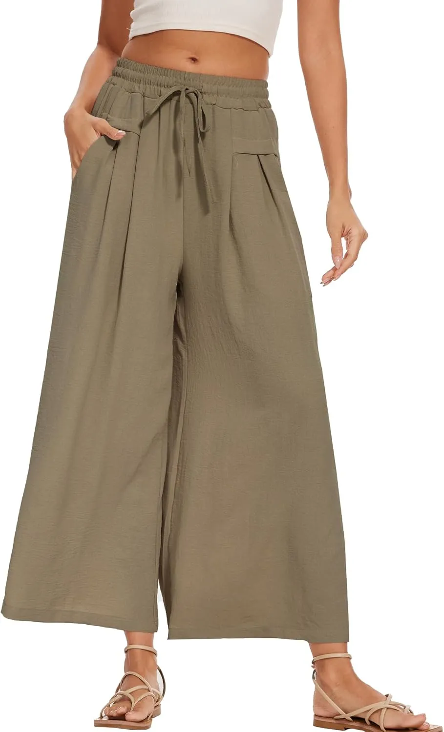 Women's Wide Leg Palazzo Pants Flowy Summer Beach Pants Drawstring Elastic High Waist Trousers with Pockets