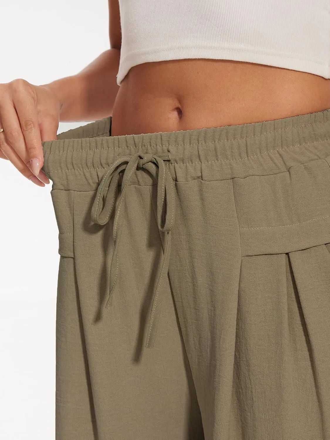 Women's Wide Leg Palazzo Pants Flowy Summer Beach Pants Drawstring Elastic High Waist Trousers with Pockets