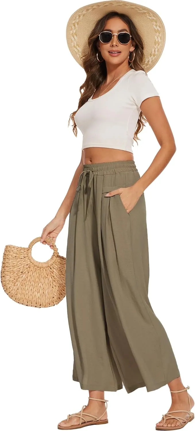 Women's Wide Leg Palazzo Pants Flowy Summer Beach Pants Drawstring Elastic High Waist Trousers with Pockets