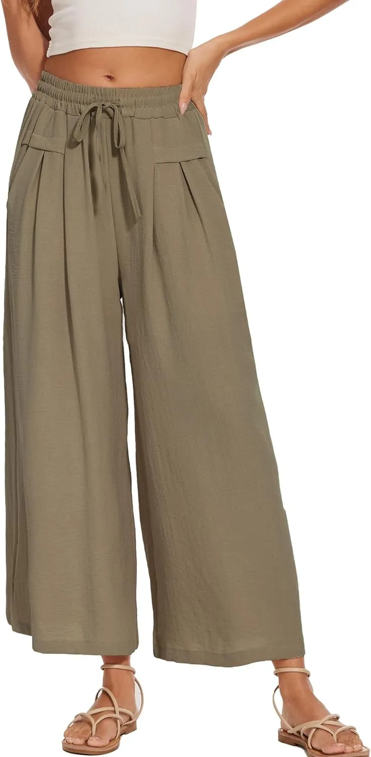 Women's Wide Leg Palazzo Pants Flowy Summer Beach Pants Drawstring Elastic High Waist Trousers with Pockets