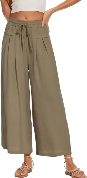 Women's Wide Leg Palazzo Pants Flowy Summer Beach Pants Drawstring Elastic High Waist Trousers with Pockets