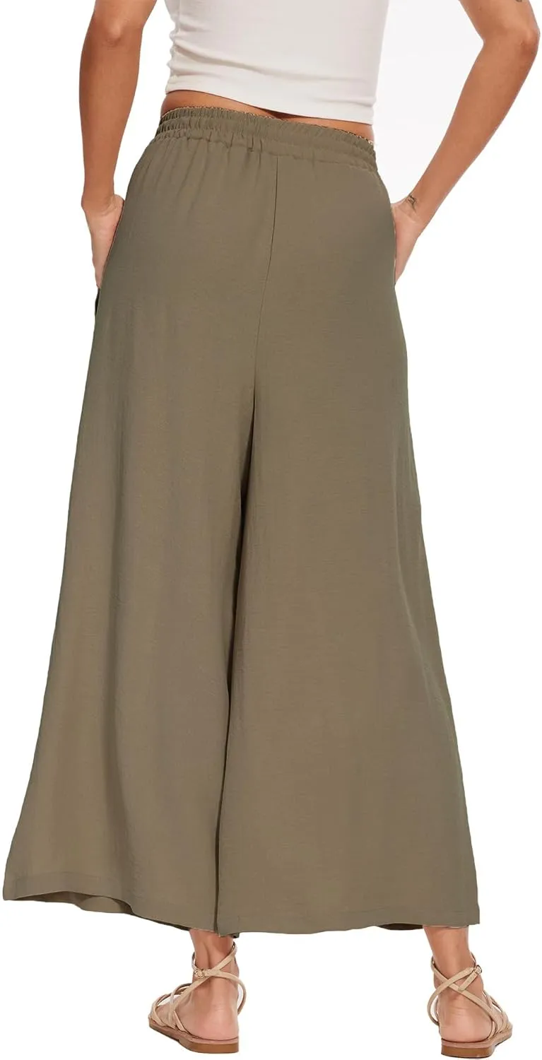 Women's Wide Leg Palazzo Pants Flowy Summer Beach Pants Drawstring Elastic High Waist Trousers with Pockets
