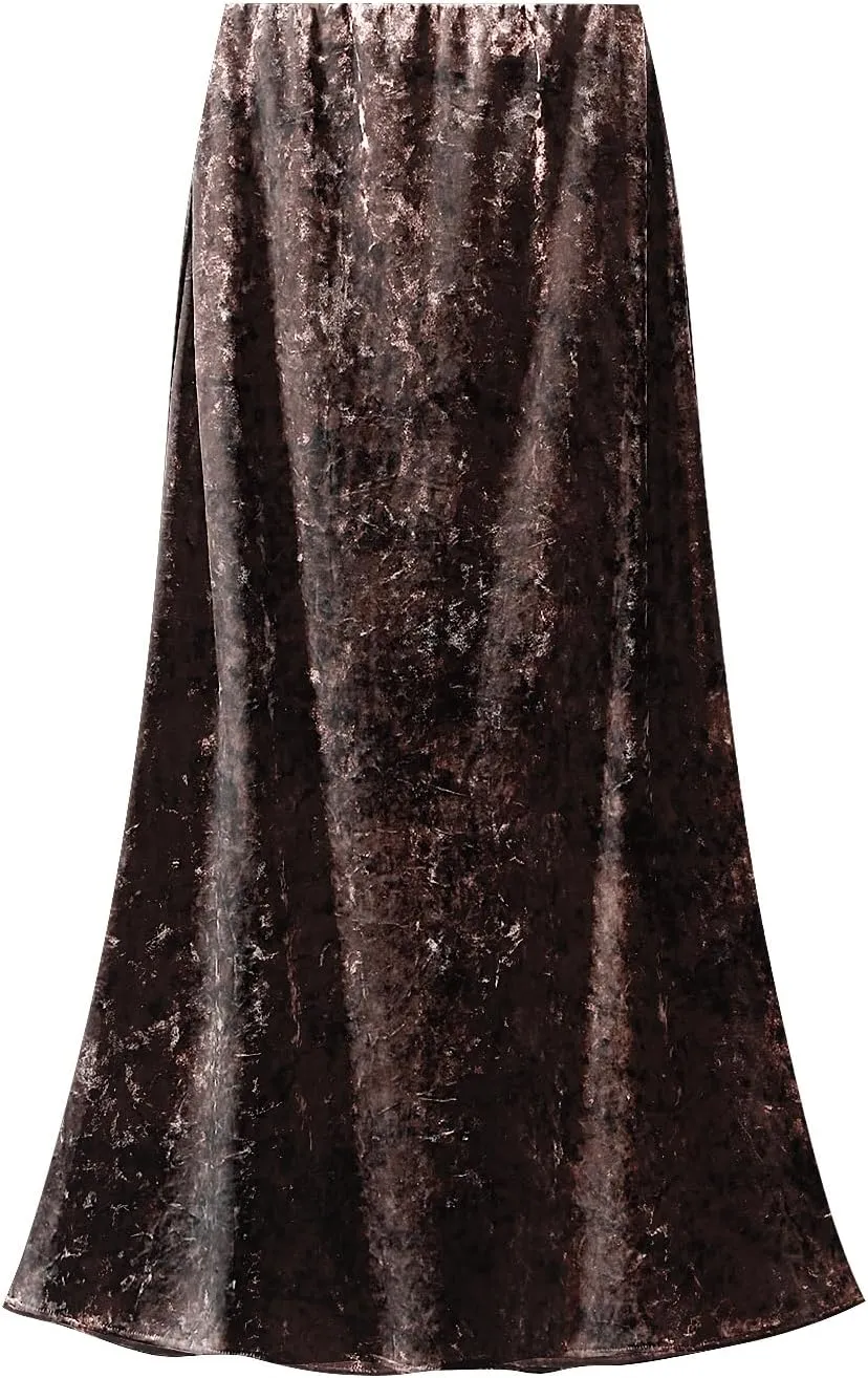 Womens Winter Velvet Elegant Long Skirt Stretch High Waist Maxi Skirt Elastic Waist Pleated Skirt