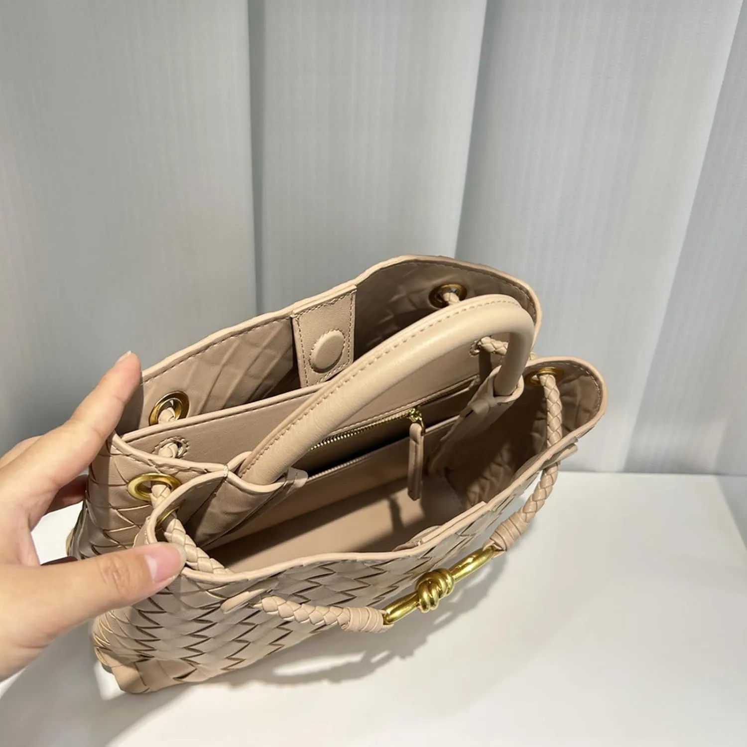 Woven Bags for Women Small Tote Hobo Shoulder Crossbody Bags Genuine Leather Handwoven Woven Purse (Gold)