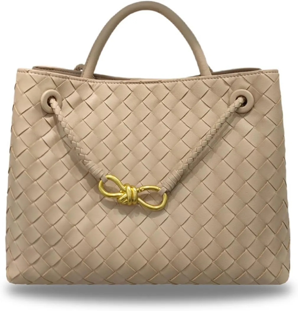 Woven Bags for Women Small Tote Hobo Shoulder Crossbody Bags Genuine Leather Handwoven Woven Purse (Gold)
