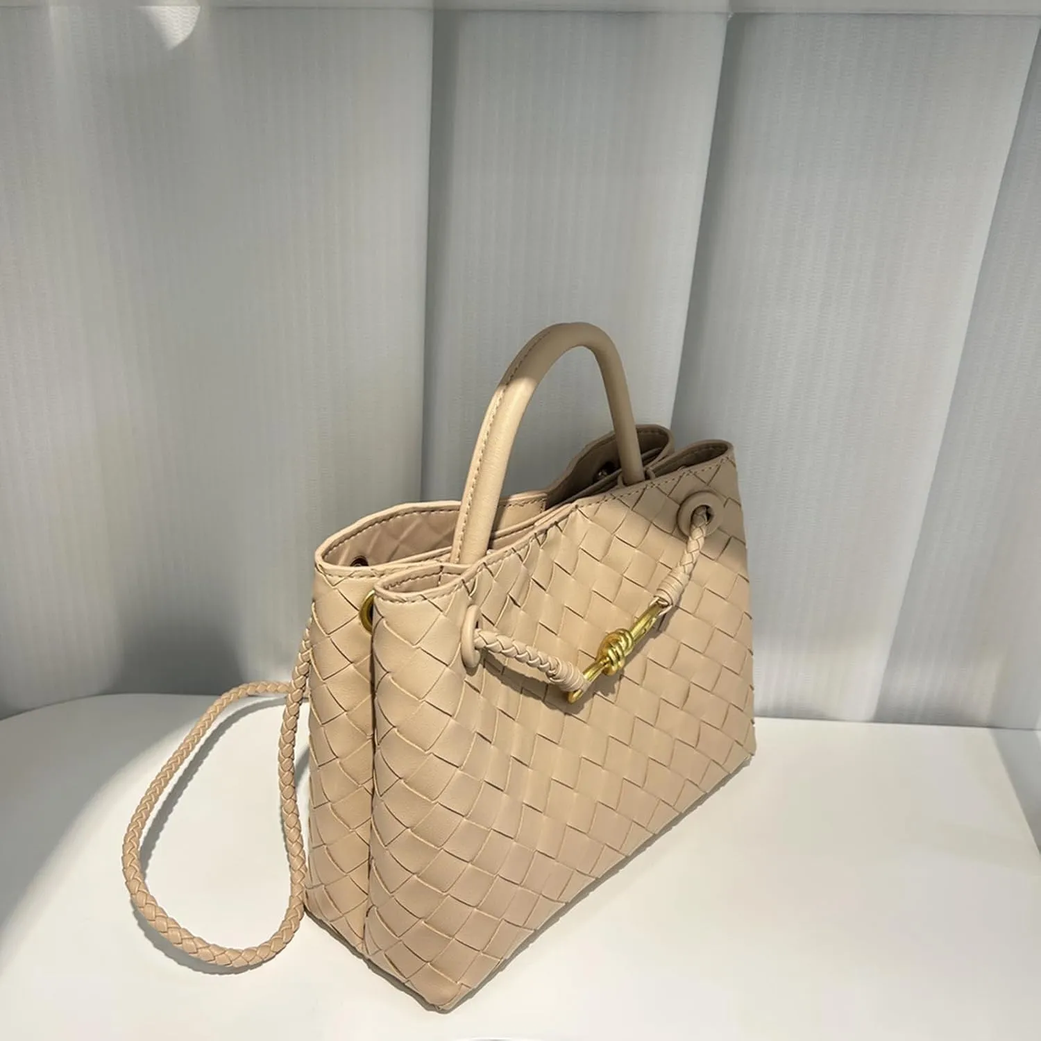 Woven Bags for Women Small Tote Hobo Shoulder Crossbody Bags Genuine Leather Handwoven Woven Purse (Gold)