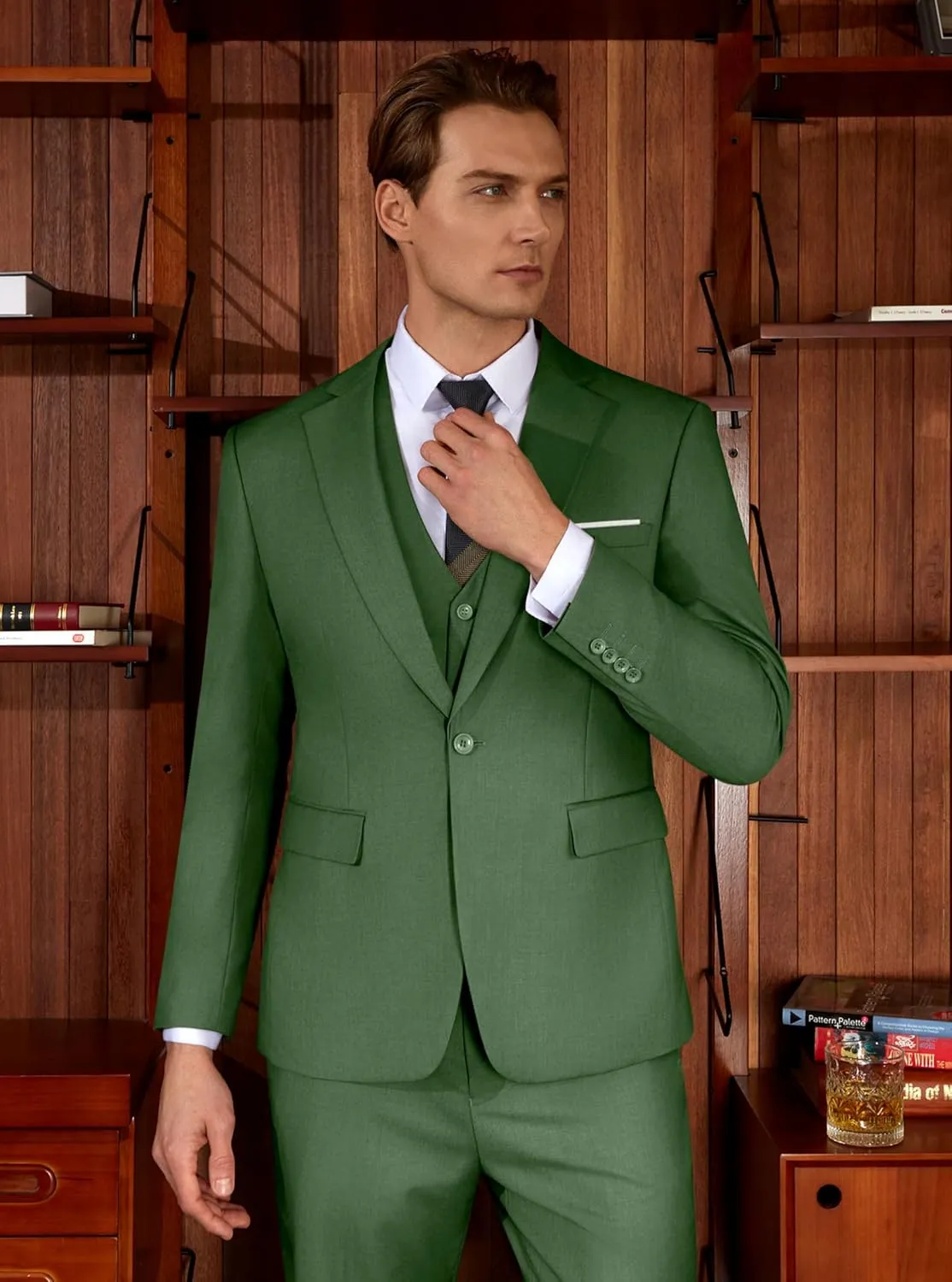 WULFUL Mens Slim Fit Suit One Button 3-Piece Blazer Dress Business Wedding Party Jacket Vest & Pant