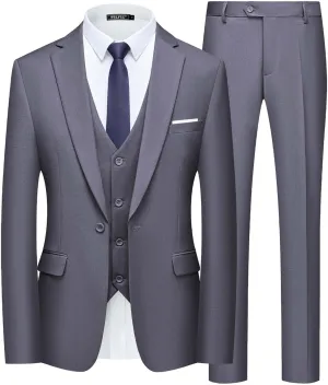 WULFUL Mens Slim Fit Suit One Button 3-Piece Blazer Dress Business Wedding Party Jacket Vest & Pant
