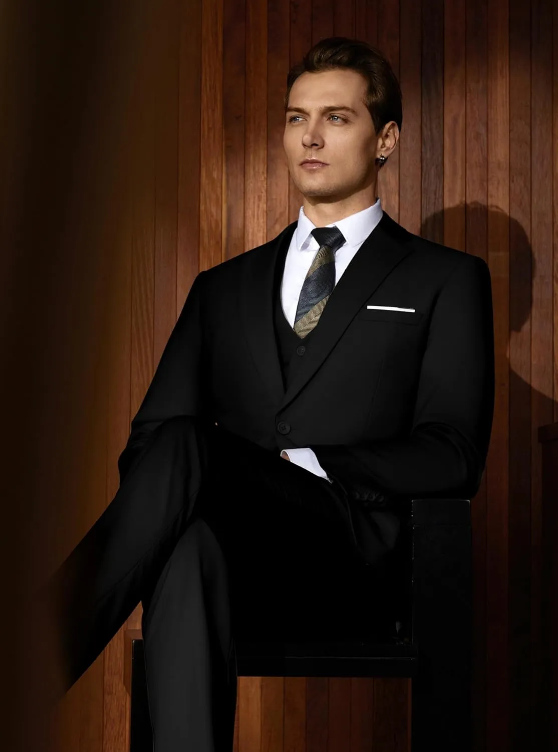 WULFUL Mens Slim Fit Suit One Button 3-Piece Blazer Dress Business Wedding Party Jacket Vest & Pant