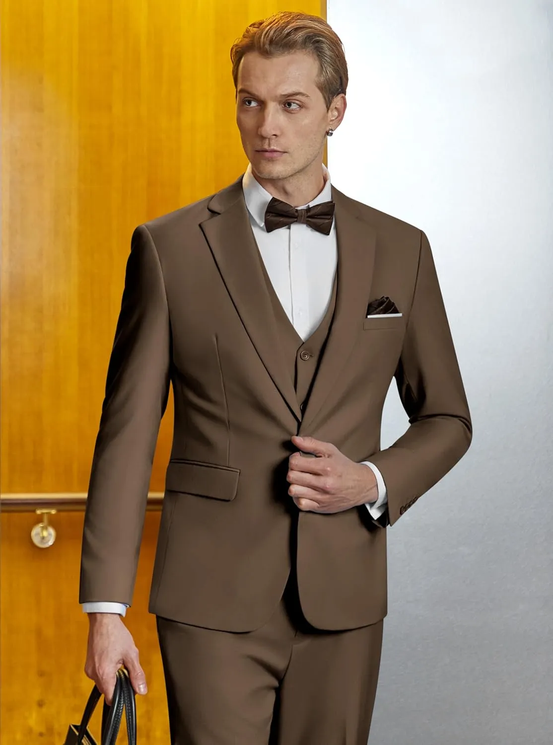 WULFUL Mens Slim Fit Suit One Button 3-Piece Blazer Dress Business Wedding Party Jacket Vest & Pant