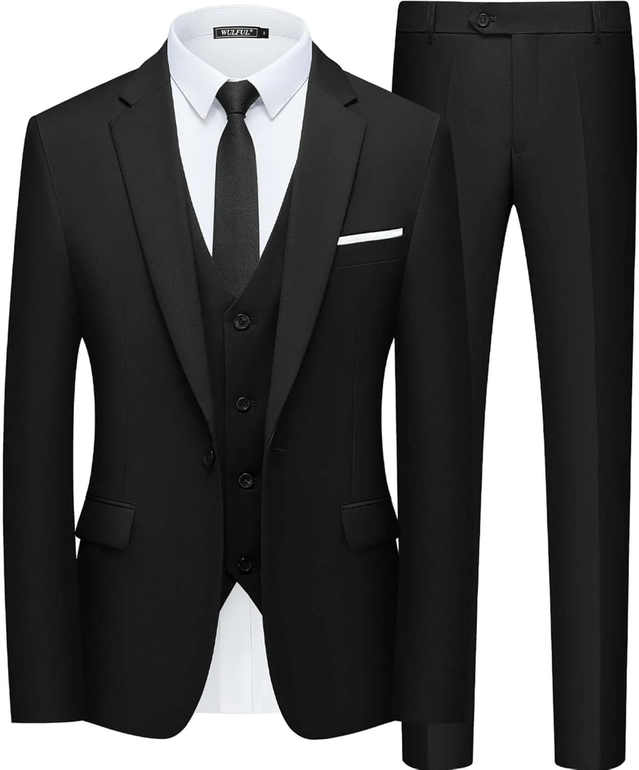 WULFUL Mens Slim Fit Suit One Button 3-Piece Blazer Dress Business Wedding Party Jacket Vest & Pant