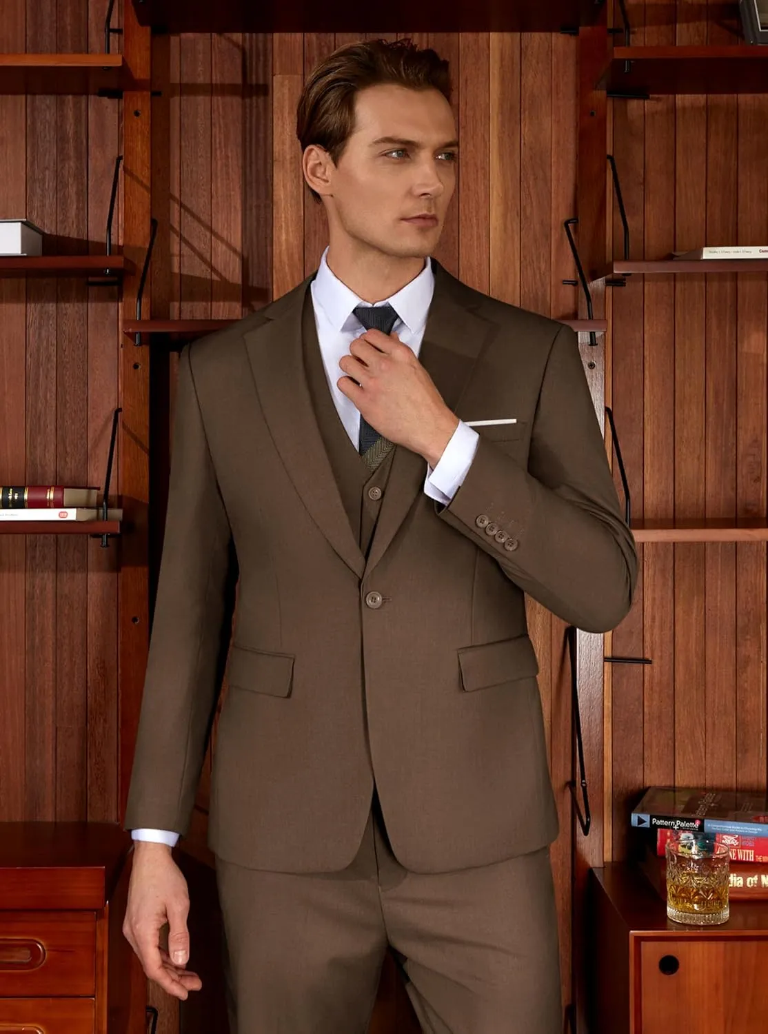 WULFUL Mens Slim Fit Suit One Button 3-Piece Blazer Dress Business Wedding Party Jacket Vest & Pant