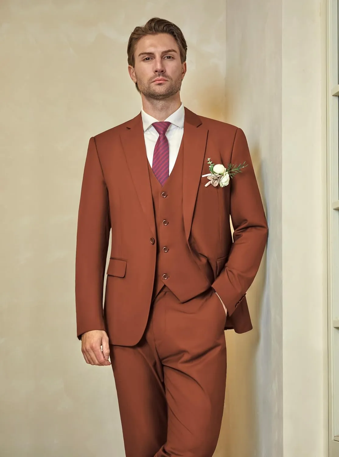 WULFUL Mens Slim Fit Suit One Button 3-Piece Blazer Dress Business Wedding Party Jacket Vest & Pant