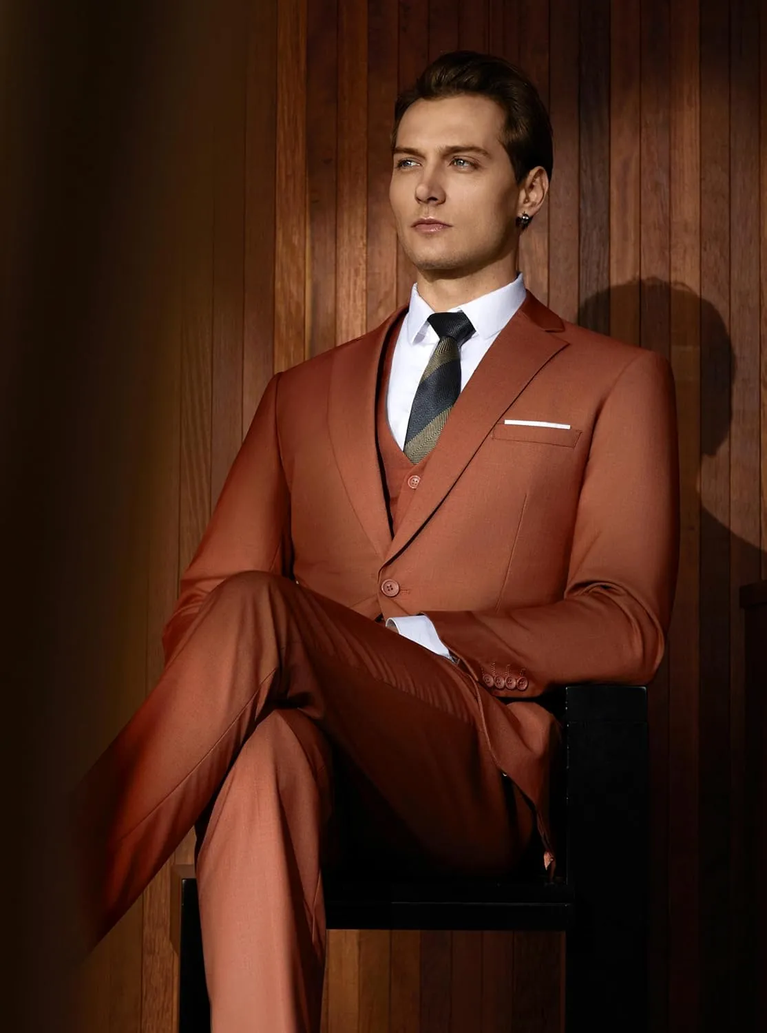 WULFUL Mens Slim Fit Suit One Button 3-Piece Blazer Dress Business Wedding Party Jacket Vest & Pant