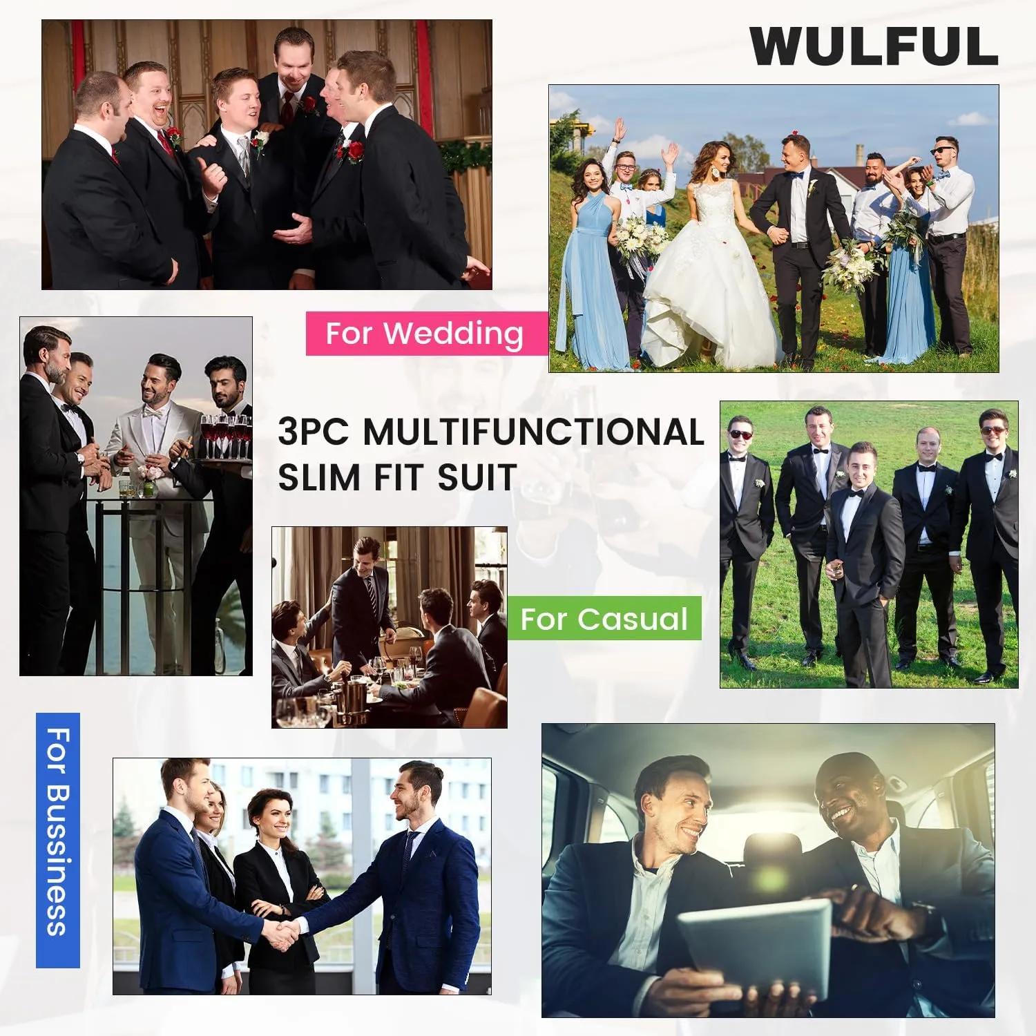 WULFUL Mens Slim Fit Suit One Button 3-Piece Blazer Dress Business Wedding Party Jacket Vest & Pant