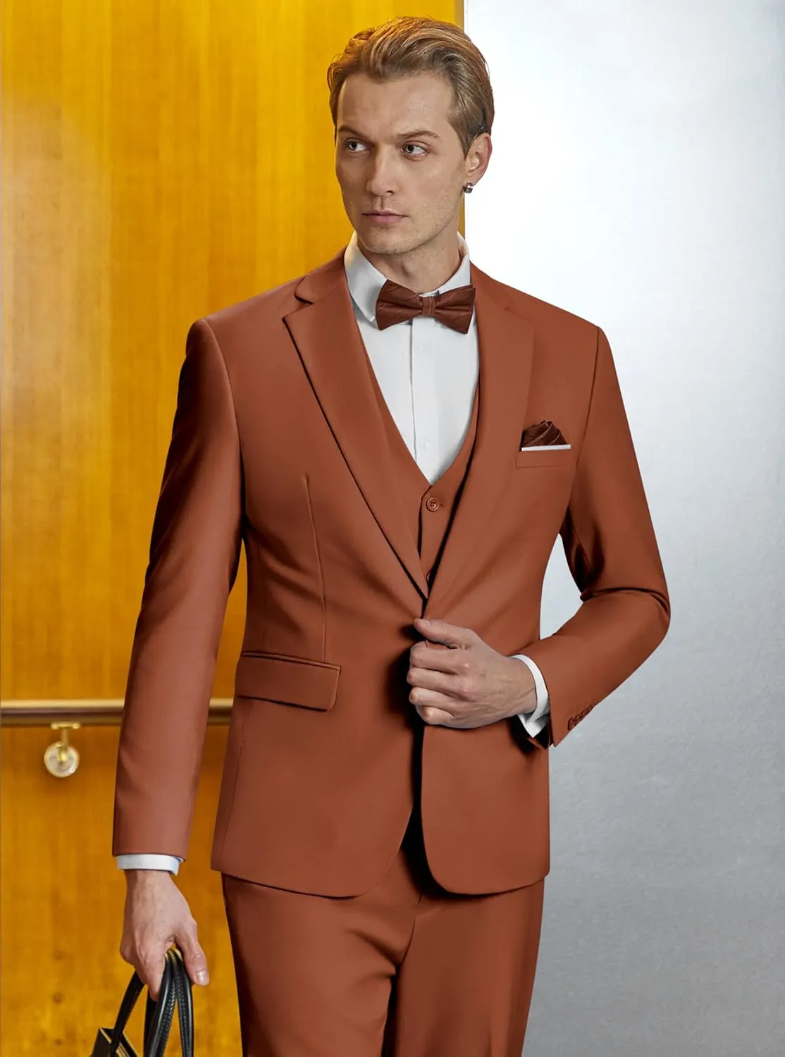 WULFUL Mens Slim Fit Suit One Button 3-Piece Blazer Dress Business Wedding Party Jacket Vest & Pant