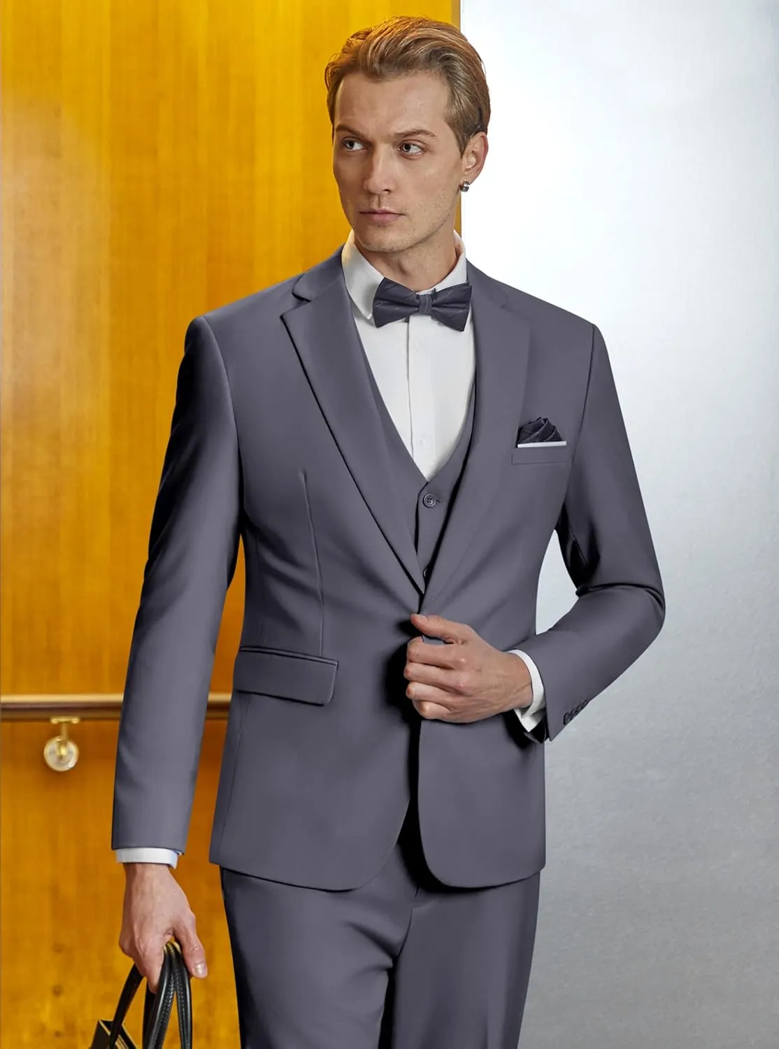 WULFUL Mens Slim Fit Suit One Button 3-Piece Blazer Dress Business Wedding Party Jacket Vest & Pant