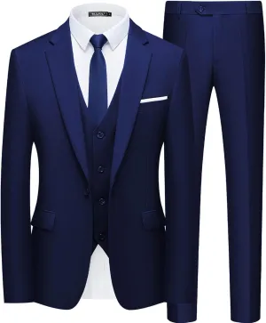 WULFUL Mens Slim Fit Suit One Button 3-Piece Blazer Dress Business Wedding Party Jacket Vest & Pant