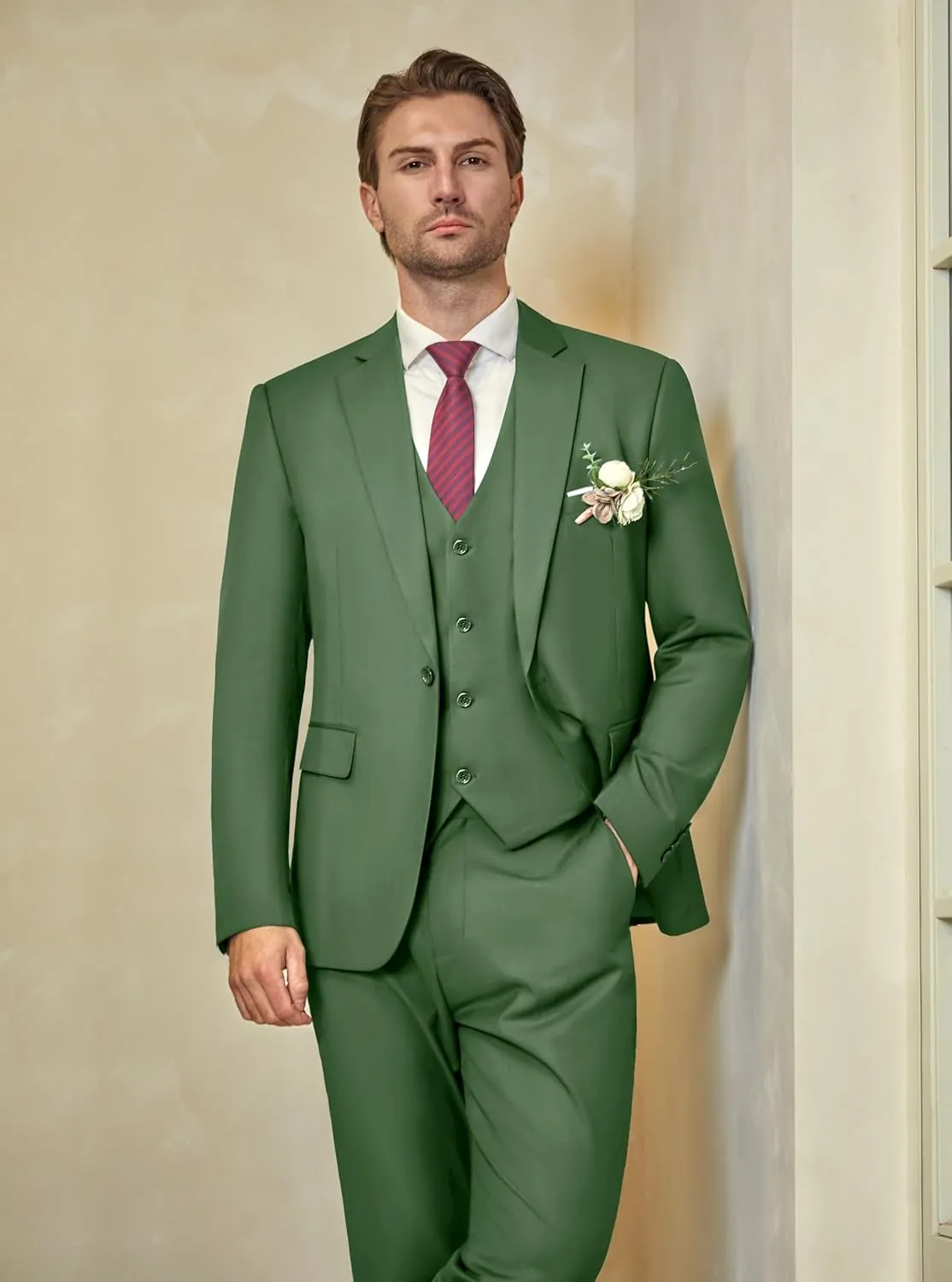 WULFUL Mens Slim Fit Suit One Button 3-Piece Blazer Dress Business Wedding Party Jacket Vest & Pant