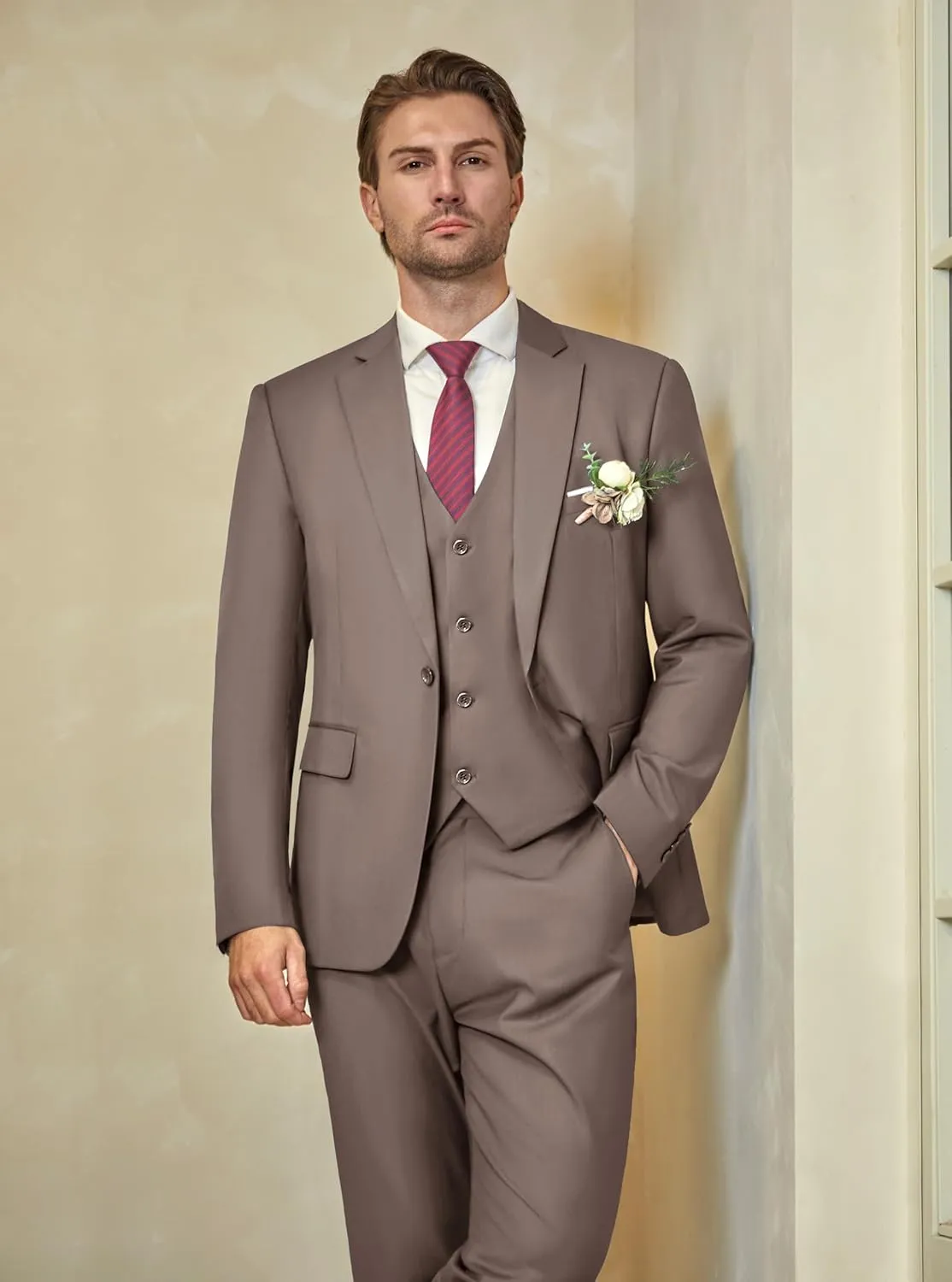 WULFUL Mens Slim Fit Suit One Button 3-Piece Blazer Dress Business Wedding Party Jacket Vest & Pant