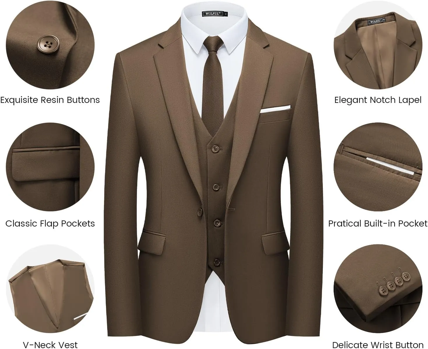 WULFUL Mens Slim Fit Suit One Button 3-Piece Blazer Dress Business Wedding Party Jacket Vest & Pant